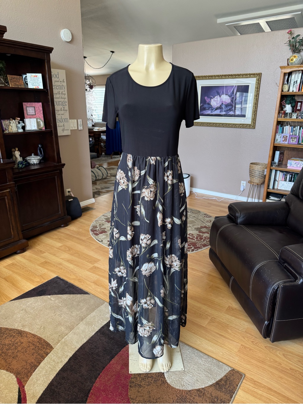 Chelsea Taylor Maxi Dress W/Black Bodice & Sheer Floral Skirt-Size S